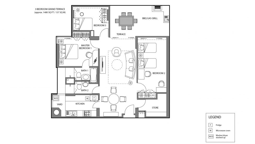 floor plan of three bedroom with terrace for short term serviced apartments singapore