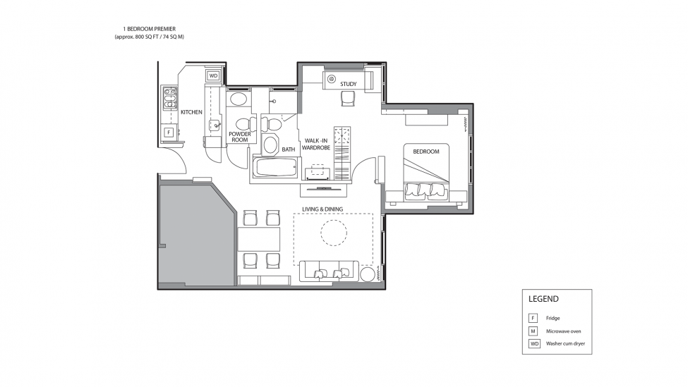 floor plan of one bedroom premier service apartments for a week stay in singapore