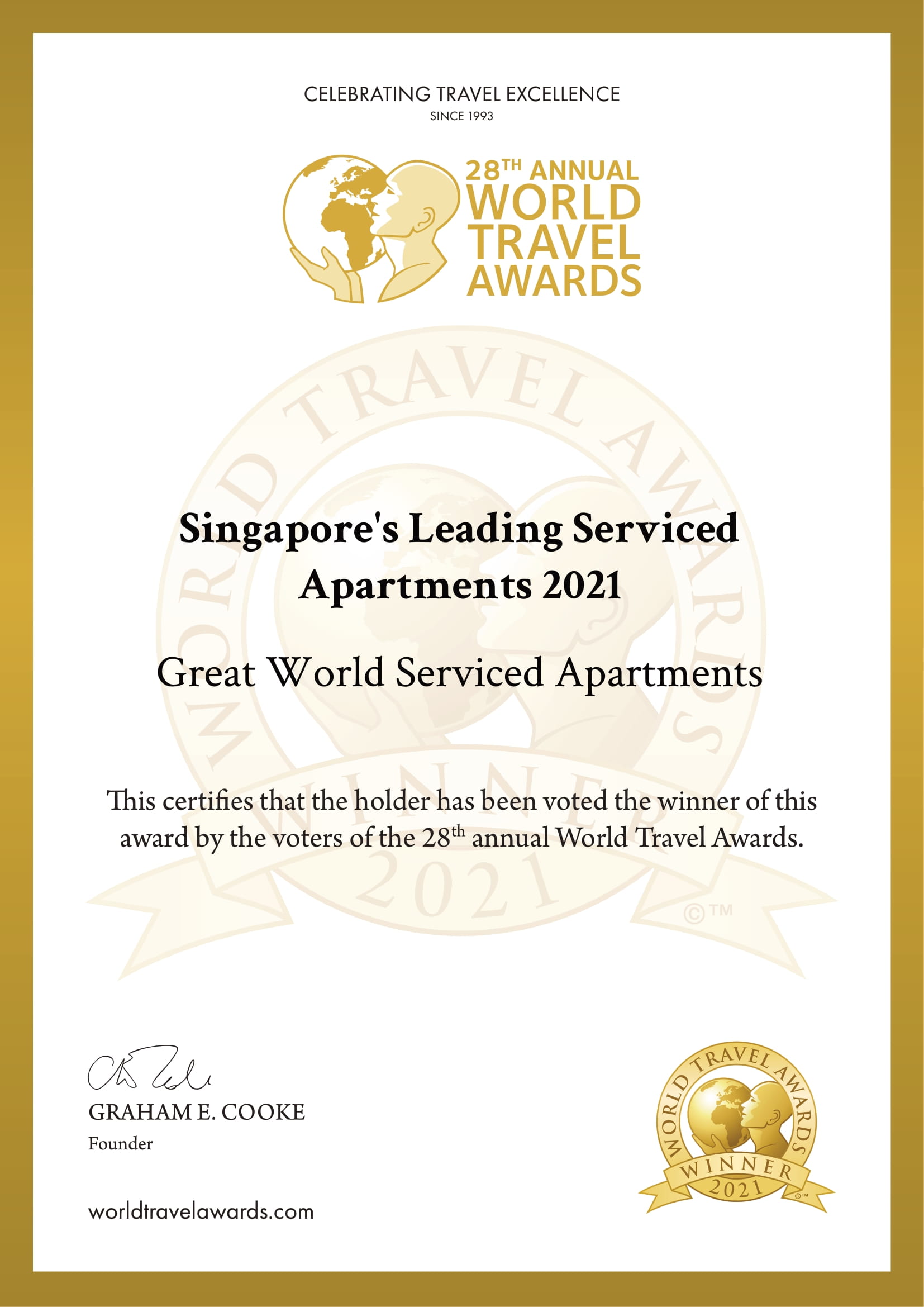 World Travel Awards Certificate 