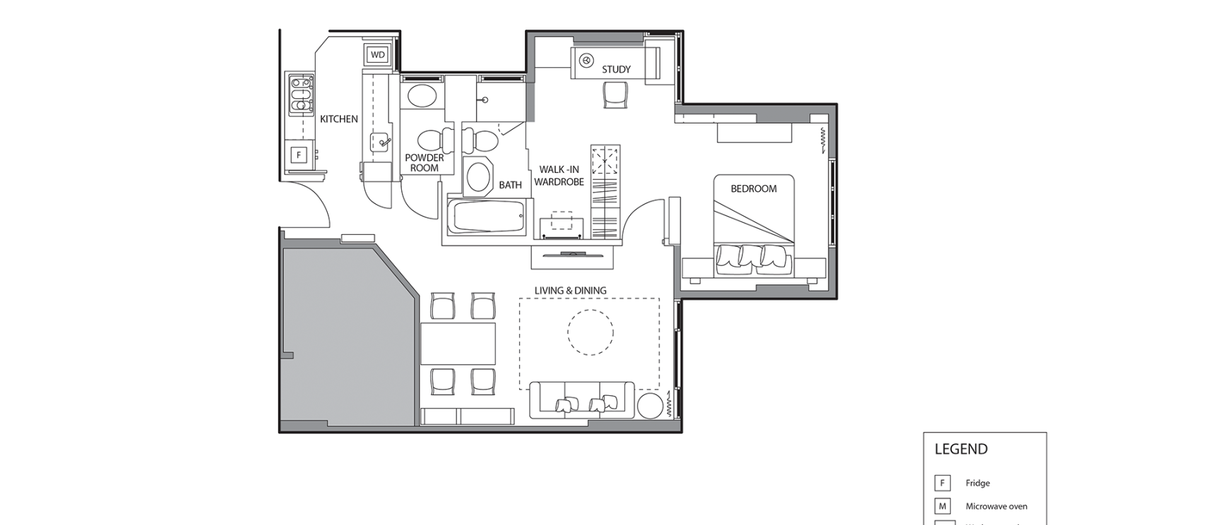 floor plan of one bedroom premier service apartments for a week stay in singapore